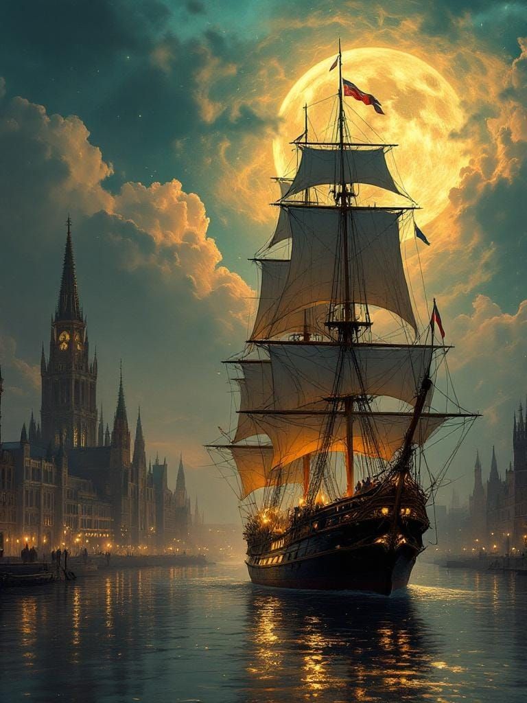 Gothic Ship in Moonlit Harbor, Maritime Fantasy