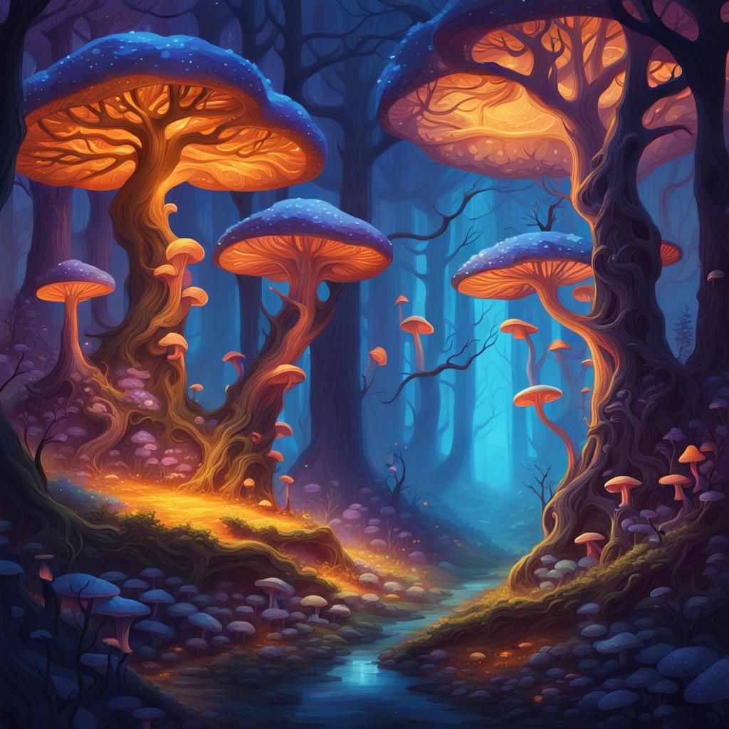 Ethereal Forest with Glowing Mushrooms, Digital Matte Painti...