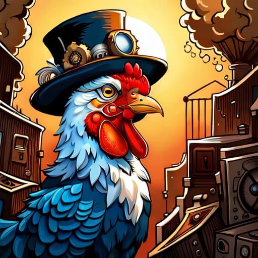 Steampunk Rooster and Cat in Hats, Detailed Graffiti Art