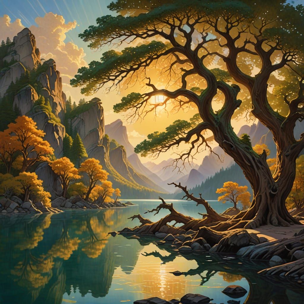 Ancient Trees Beside Emerald Lake Under Shimmering Mountains