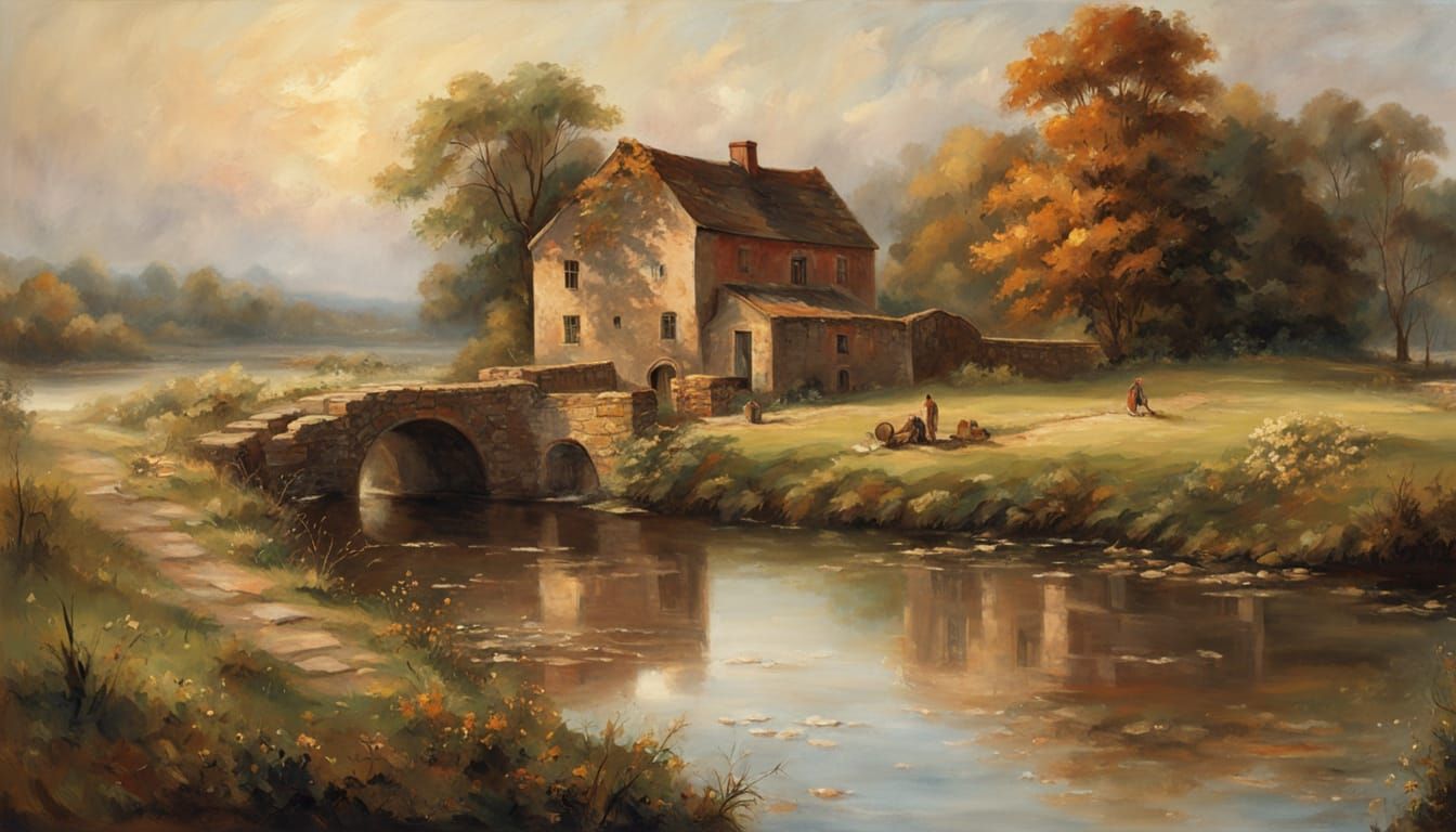 Old Mill at Daybreak: Oil Painting in Turner Style