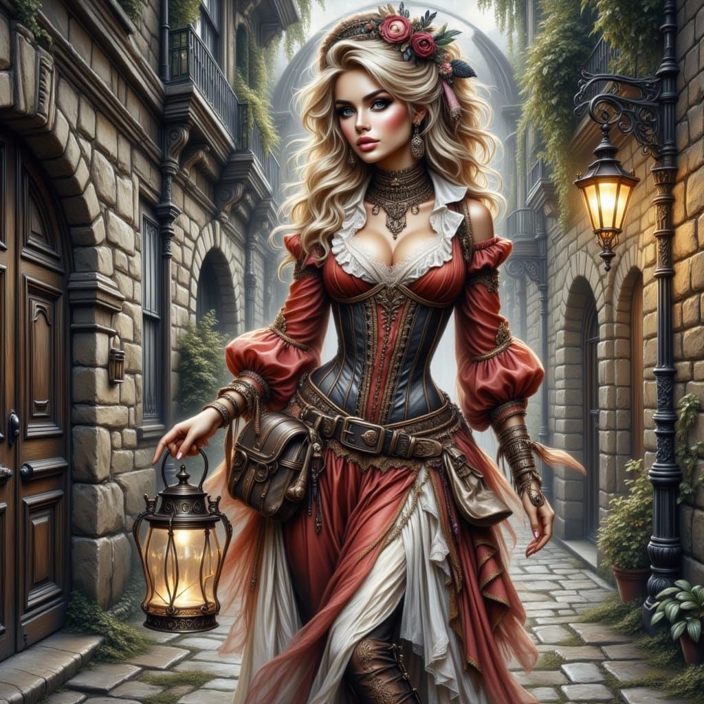 Steampunk Blonde Girl in Gloomy Corridor as Digital Art