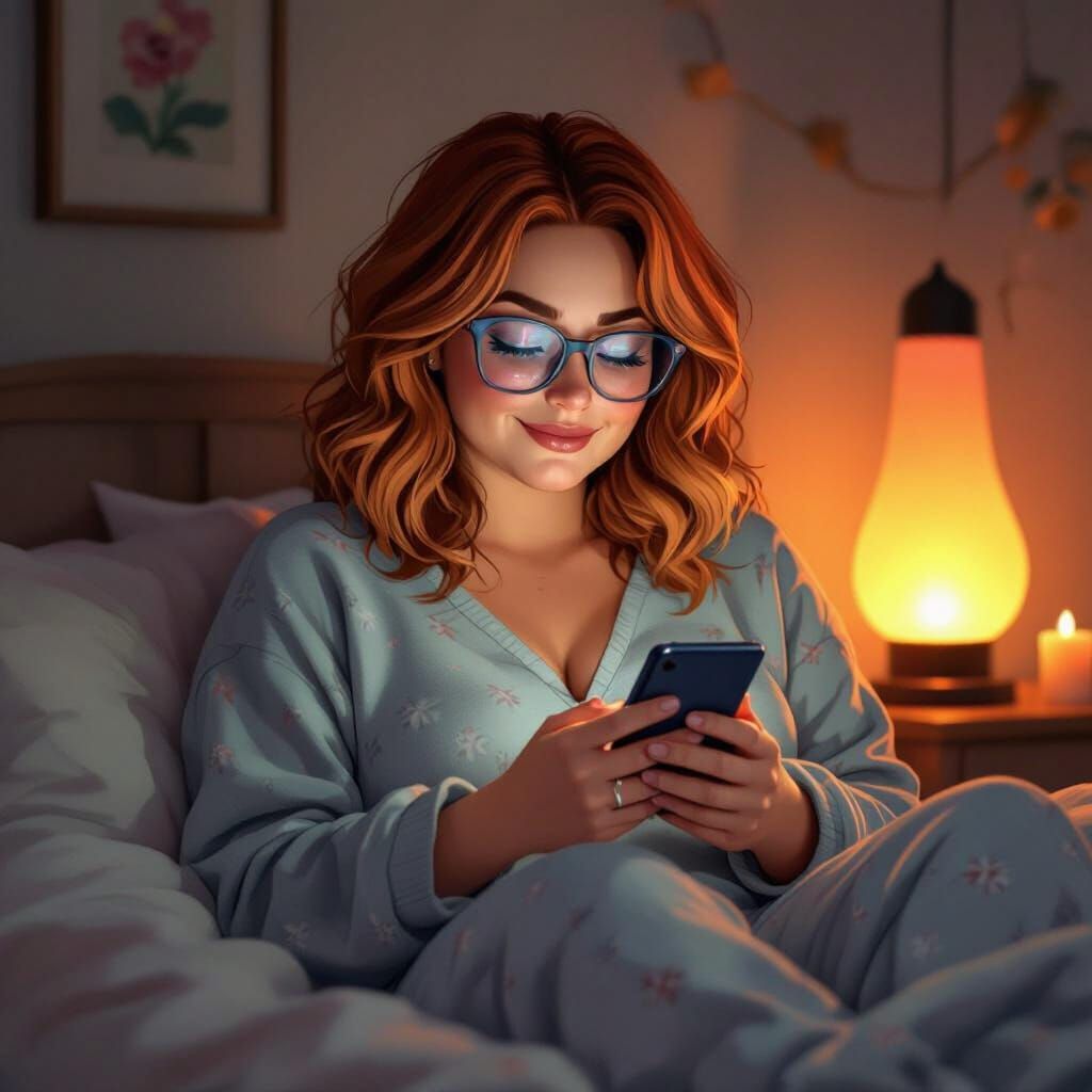 Plus Size Woman with Red Hair and Glasses in Cozy Bedroom