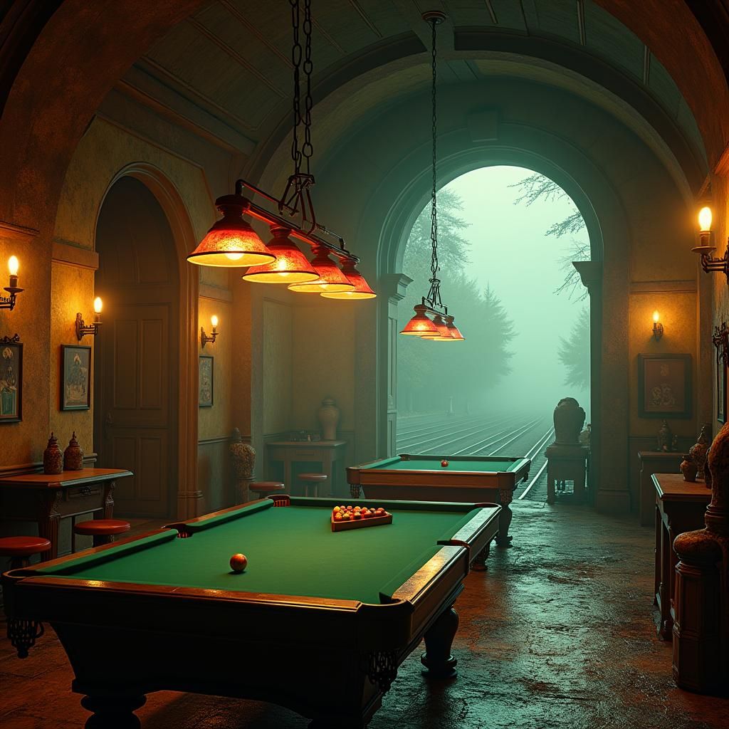 Mystical Railroad Pool Hall in Dreamlike Matte Painting