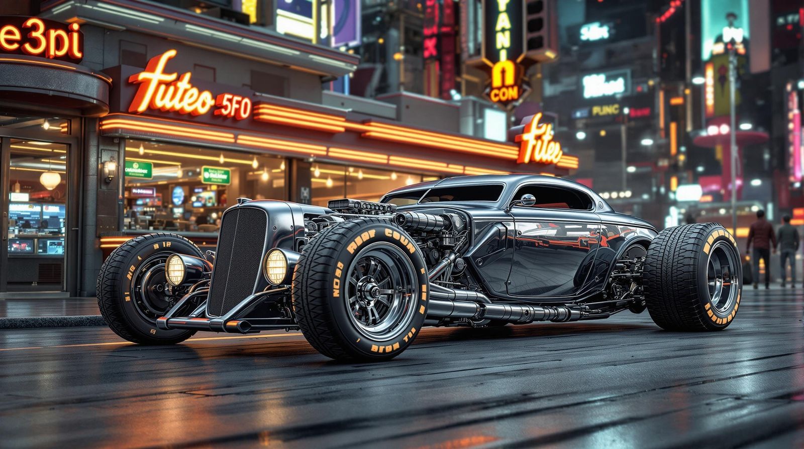 Retro-Futuristic Hotrod in Alien City, 8K Render