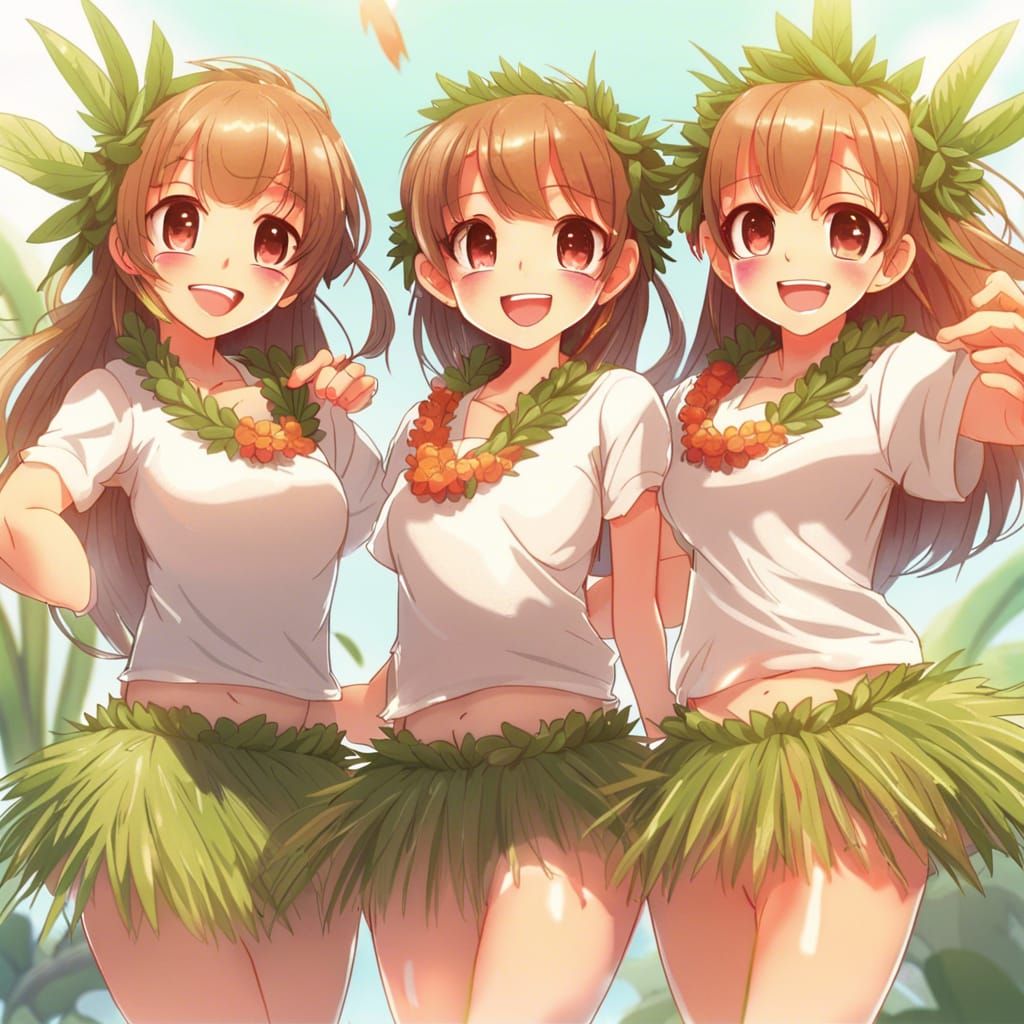 Smiling Hula Girls in Anime Style