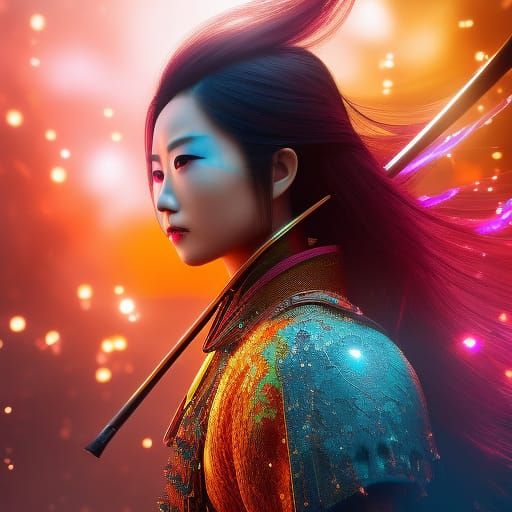 Female Samurai Warrior in Faceted Colour Splash Art