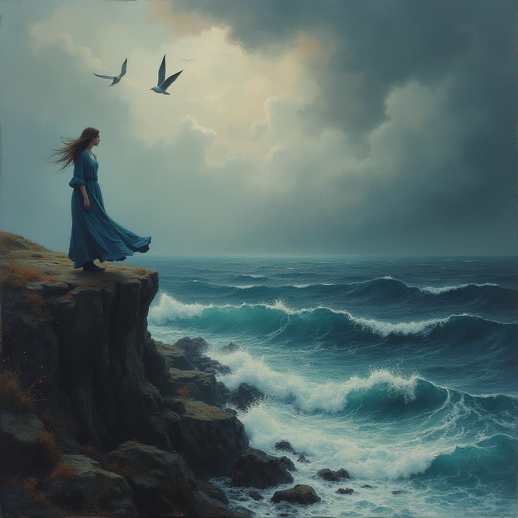 Woman Alone on Windswept Cliffside