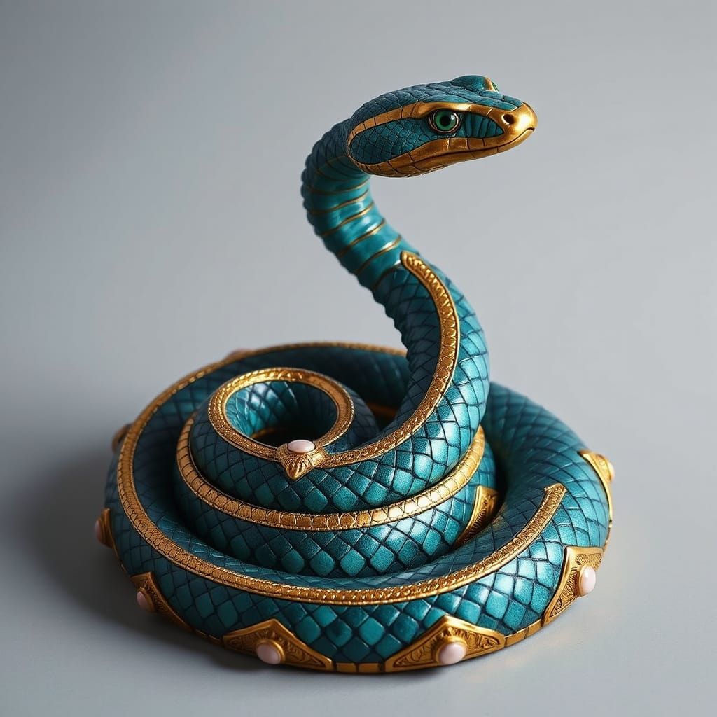Bronze Snake Sculpture with Mosaic Scales and Jewels