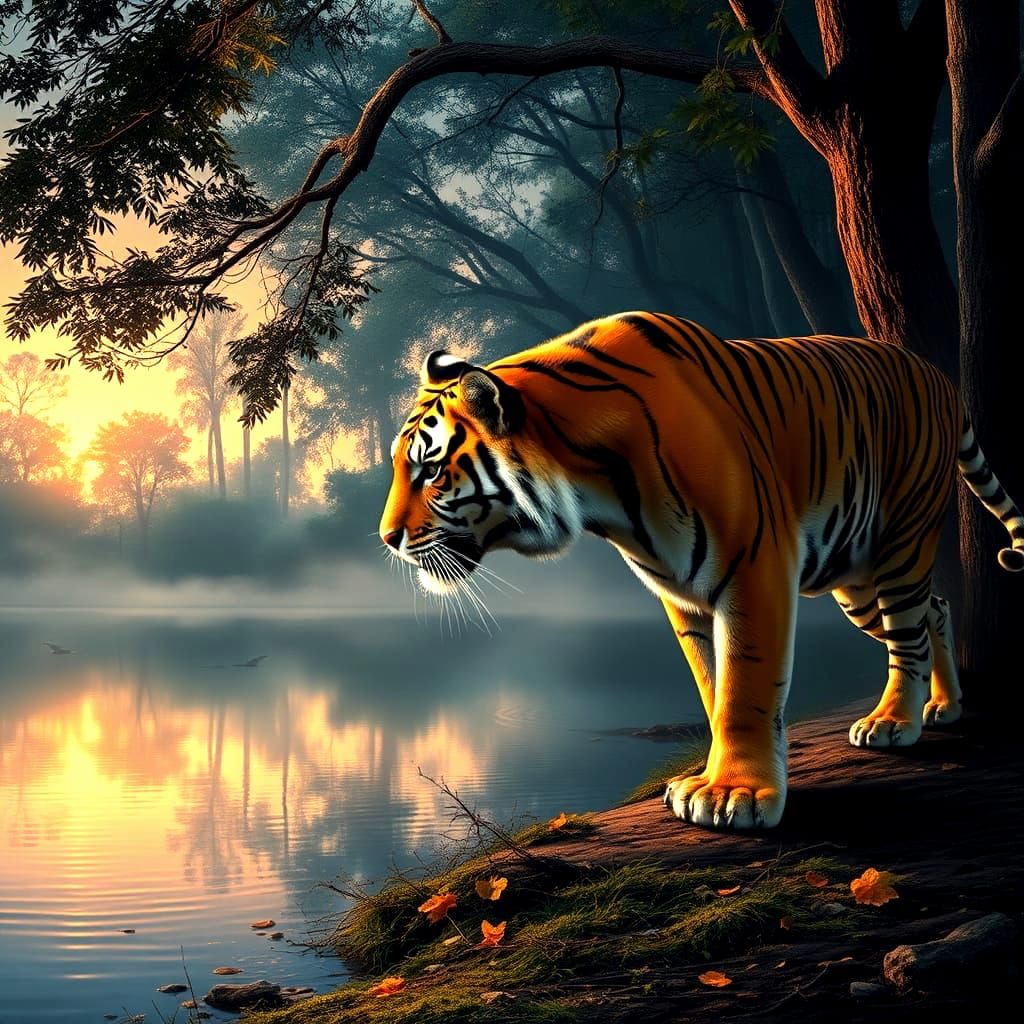 Bengal Tiger Hunting at Twilight: Hyperrealistic Wildlife