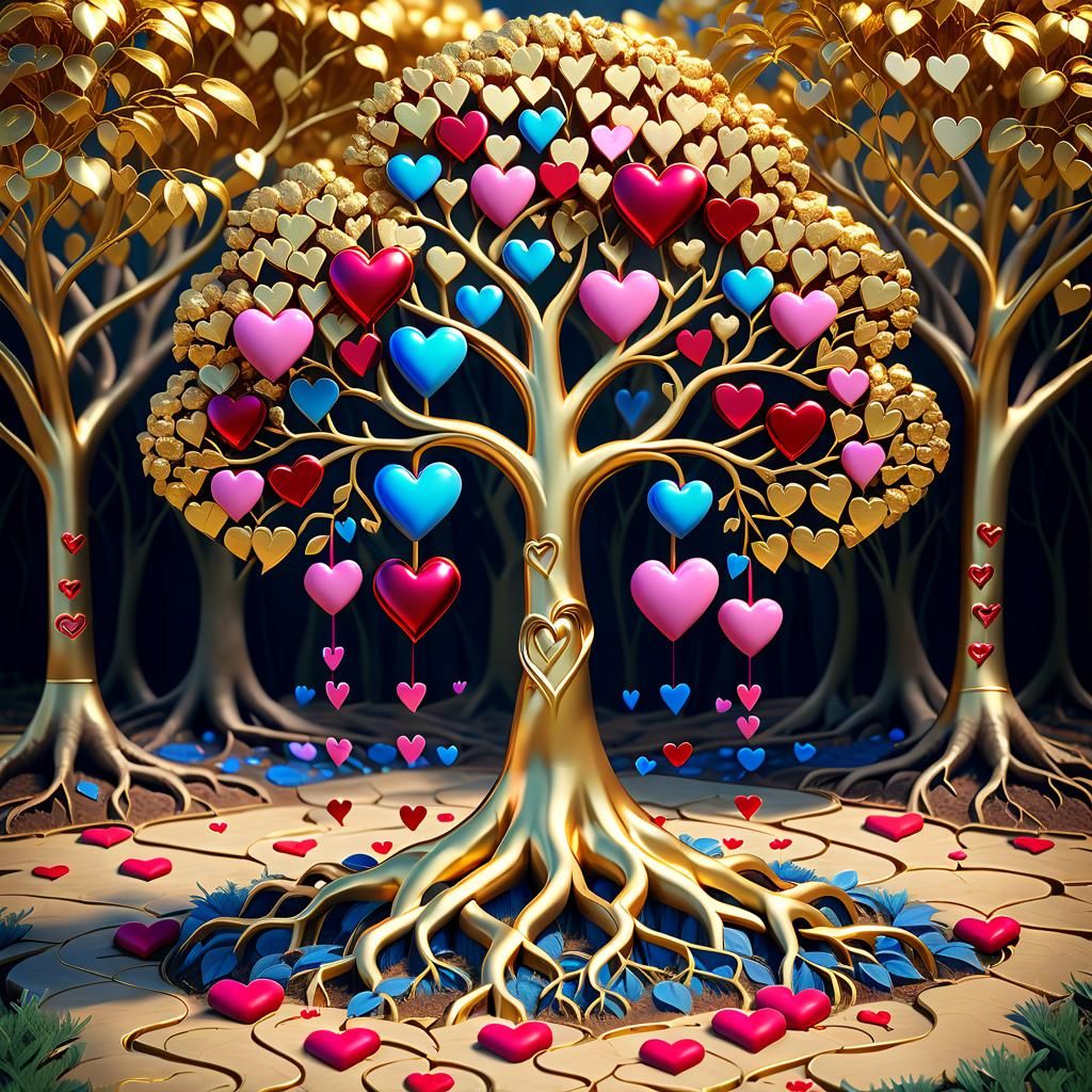 Golden Tree with Red Roots and Love Hearts