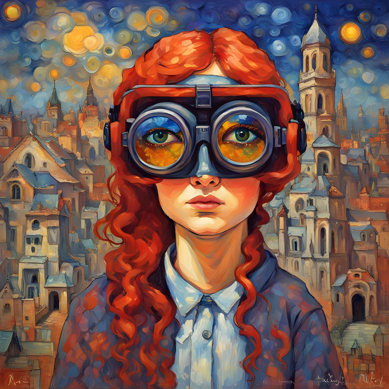 Red-Haired Woman with Thunder Goggles, Neo-Impressionist Pai...