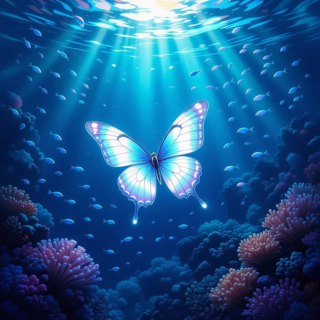 Ethereal Sea Butterfly in Bioluminescent Coral Reef