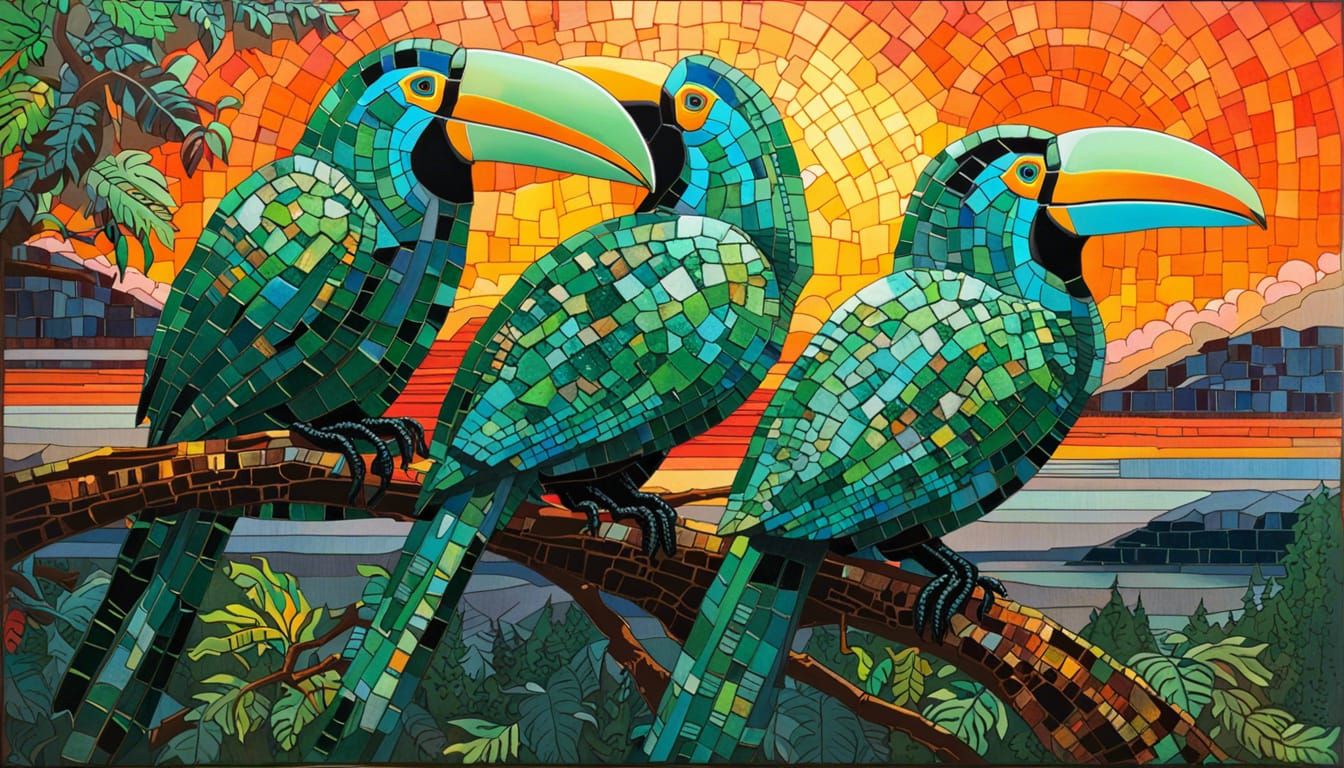 Toucans in Glass Mosaic at Sunset