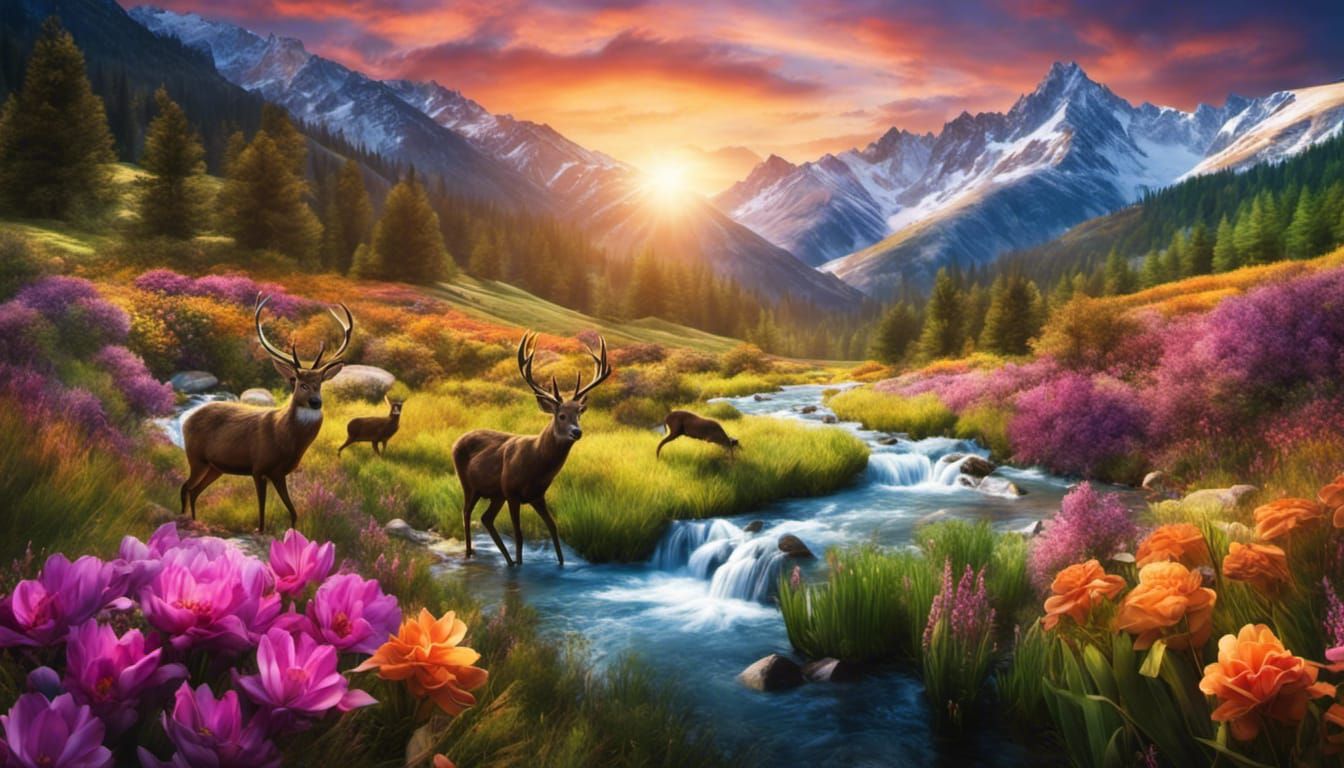 Flower rich , fertile valley with fast flowing river coming down from snowy peaks