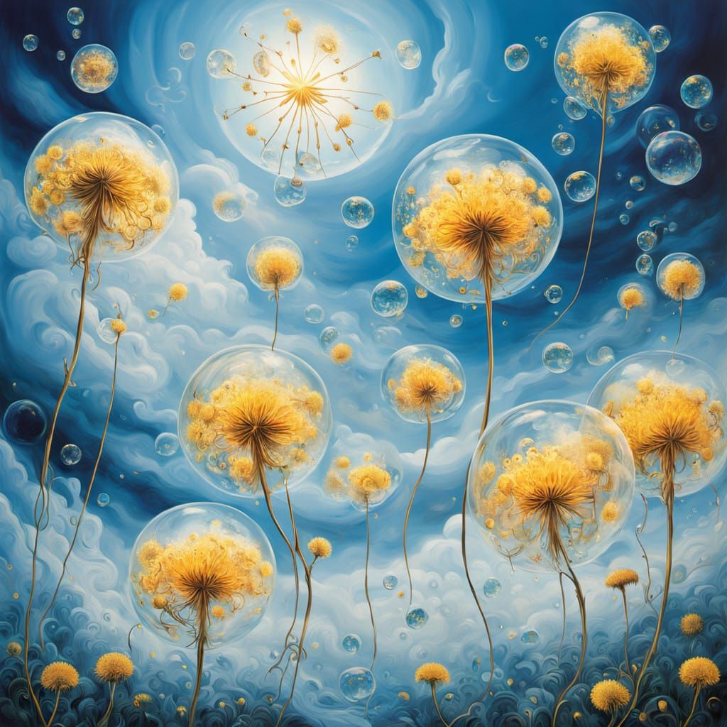 Whimsical Floral Fantasy with Dandelions and Soap Bubbles