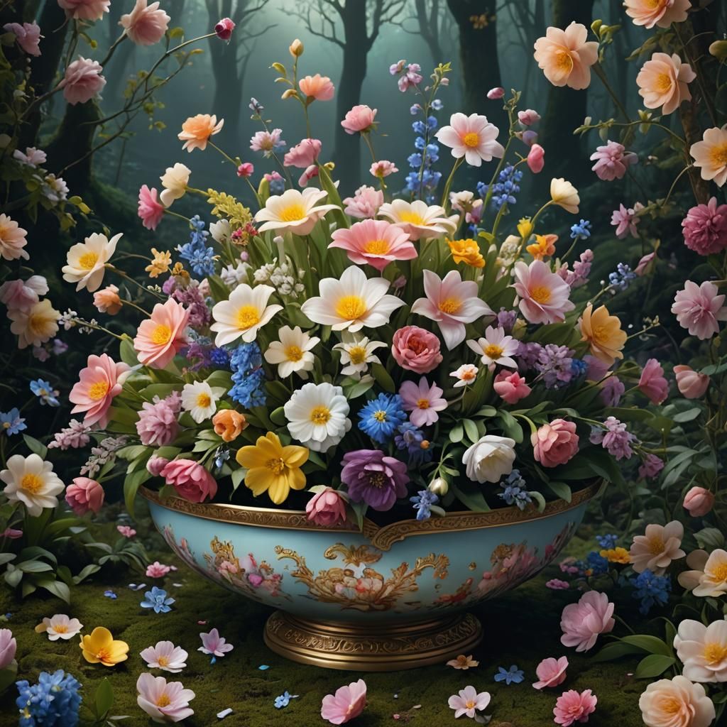 Spring Flowers in Moonlight, Digital Matte Painting