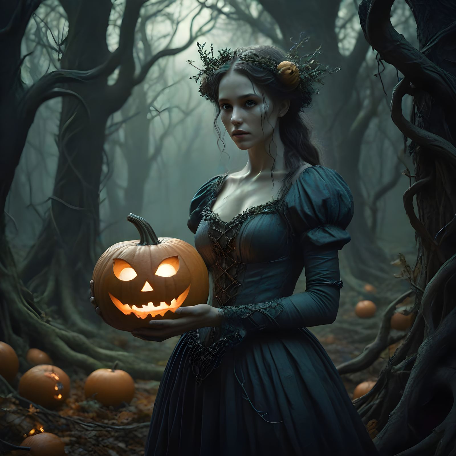 Dryad With Magic Pumpkin in Enchanted Forest
