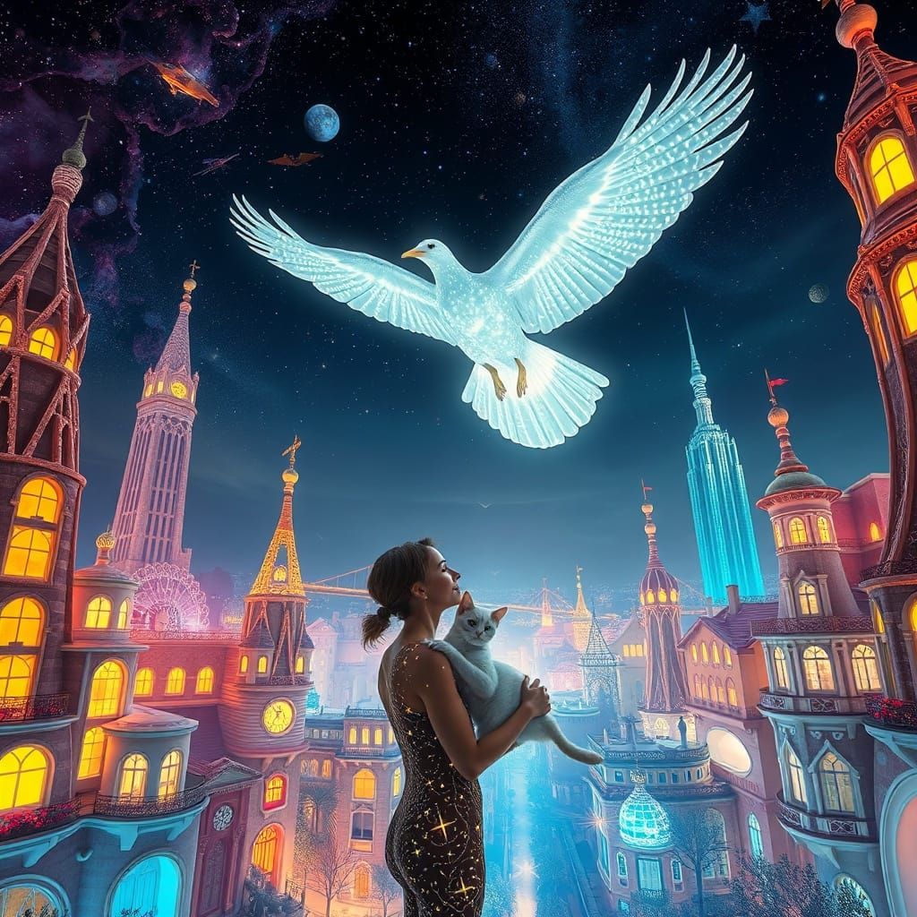 Bioluminescent Figure Above Whimsical Gaudí Cityscape