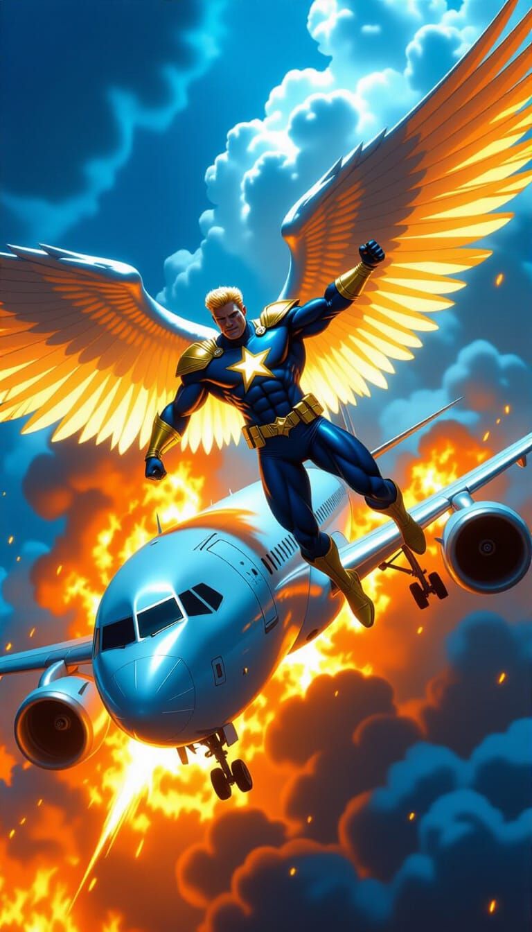 Superhero Saves Burning Jet: Comic Book Style Rescue