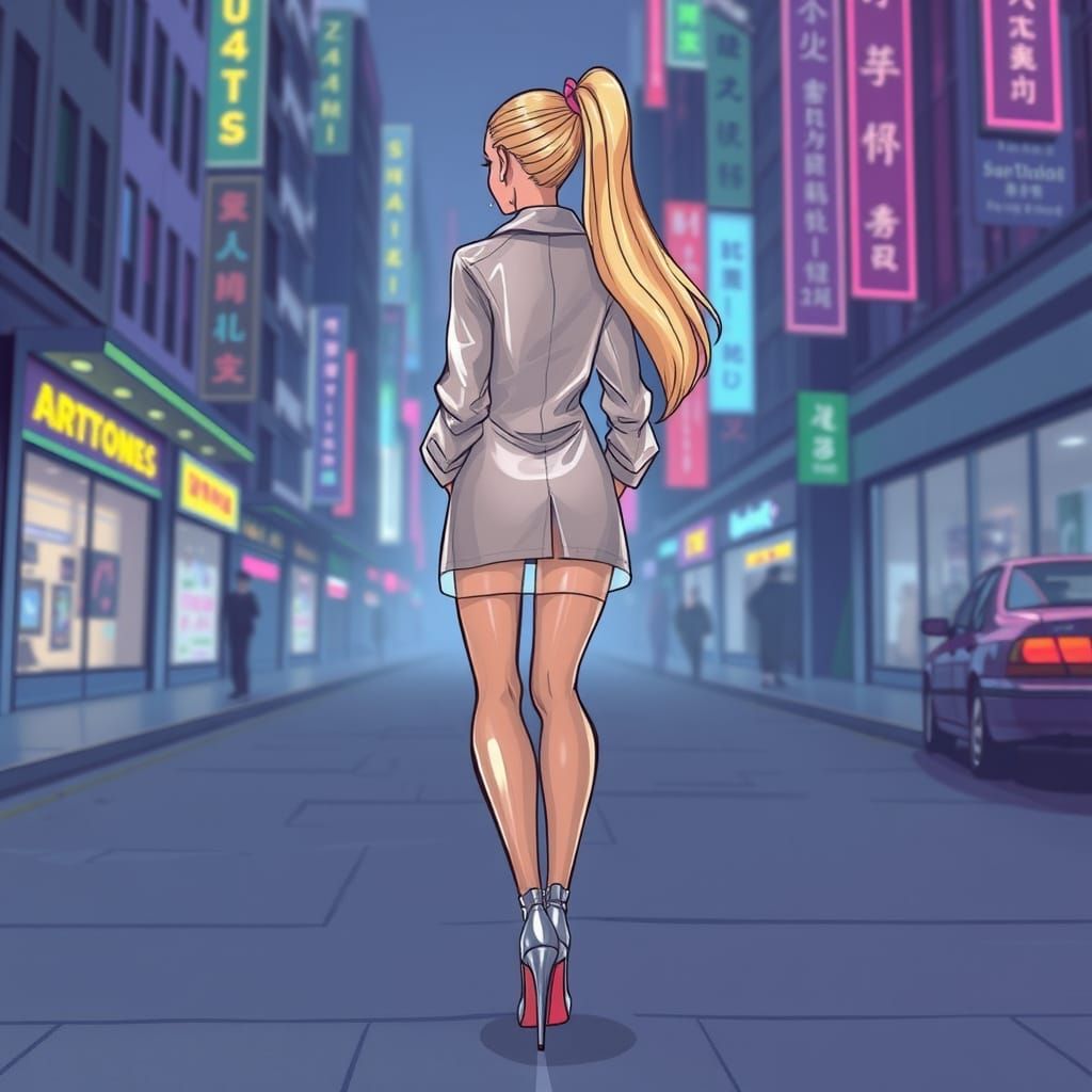 Blonde Girl in Neon City: Cartoon Illustration