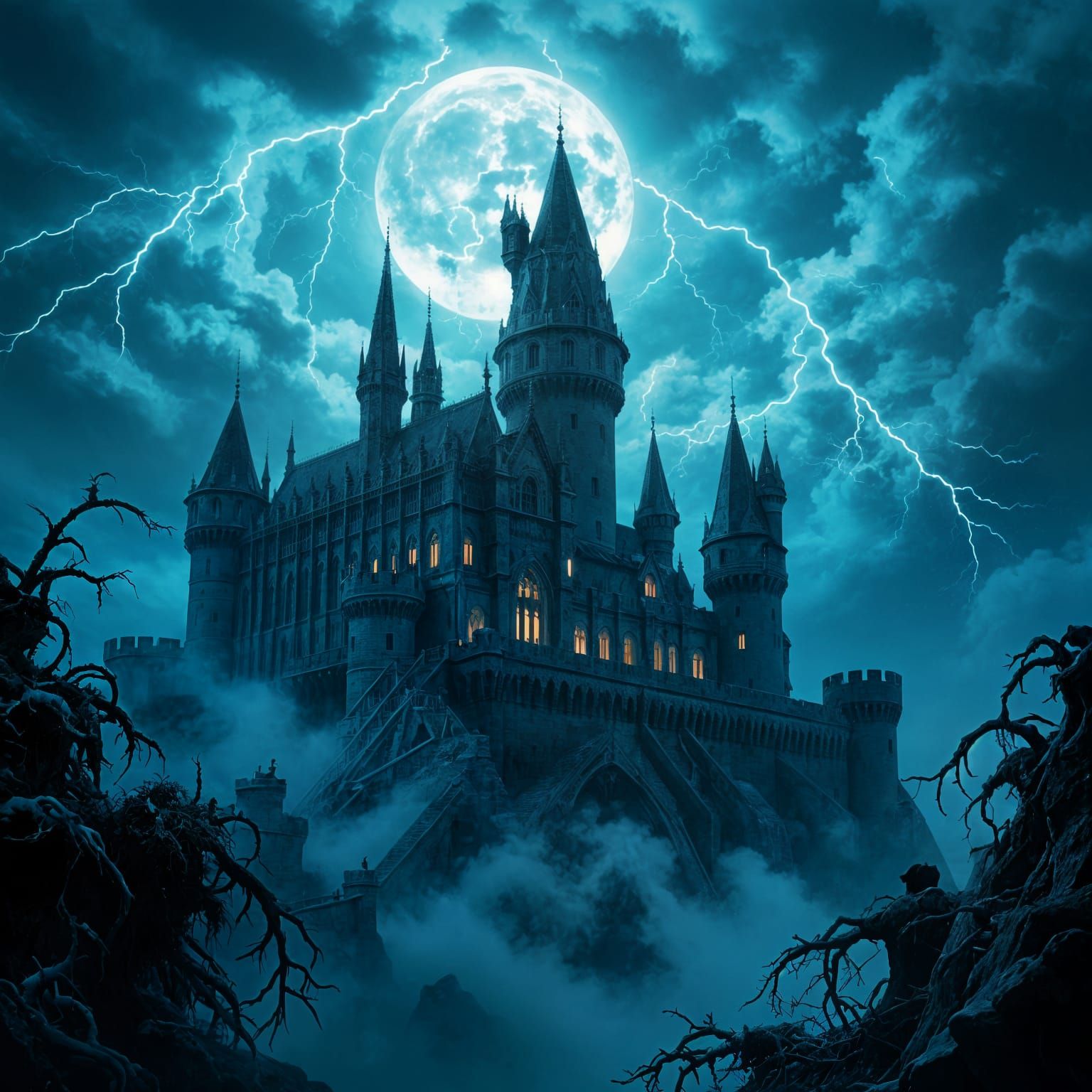 Gothic Castle in Stormy Moonlight, Doré Style