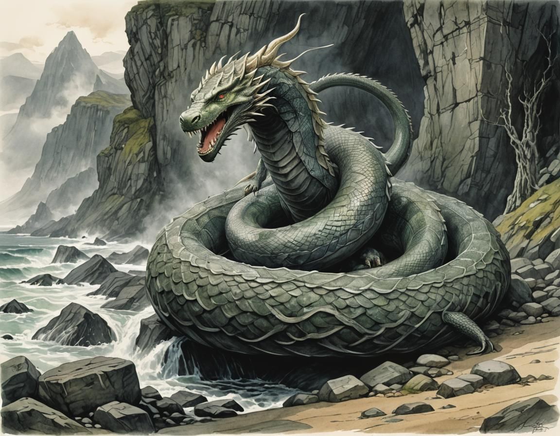 Jörmungandr: Mythological Illustration in Watercolour