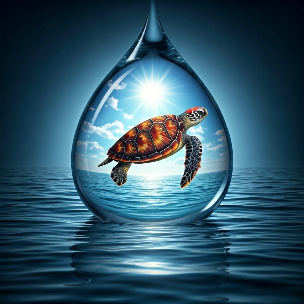 Turtle in Raindrop: Hyperrealistic Macro Photography