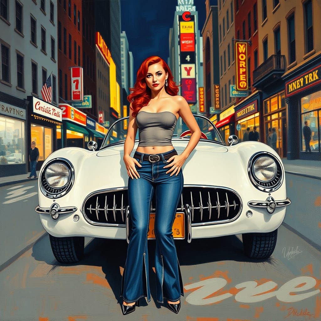 Sultry Pinup Girl in Retro Jeans and Corvette