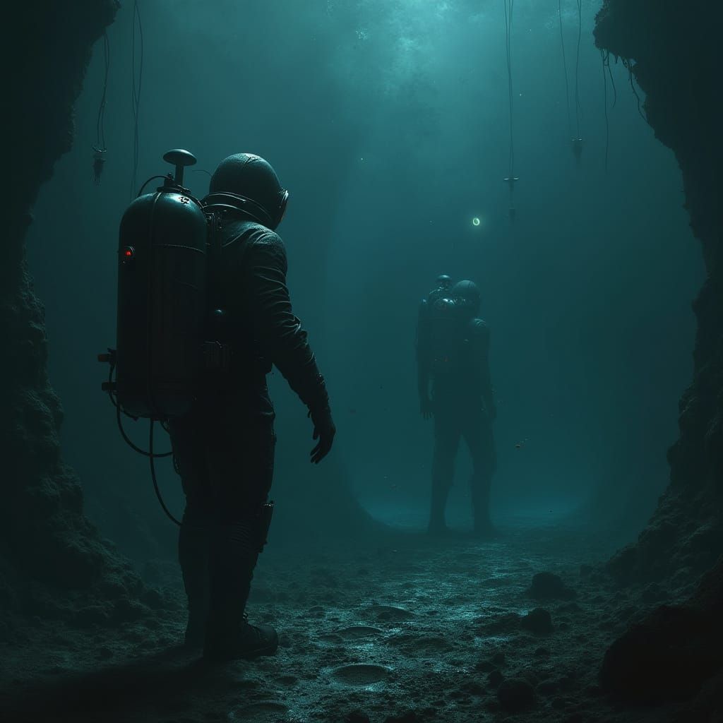 Diver Explores Eerie Underwater Abyss in Biomechanical Style