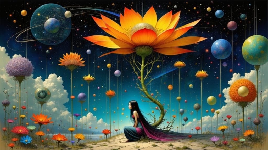 Woman Under Giant Flower with Star Hair