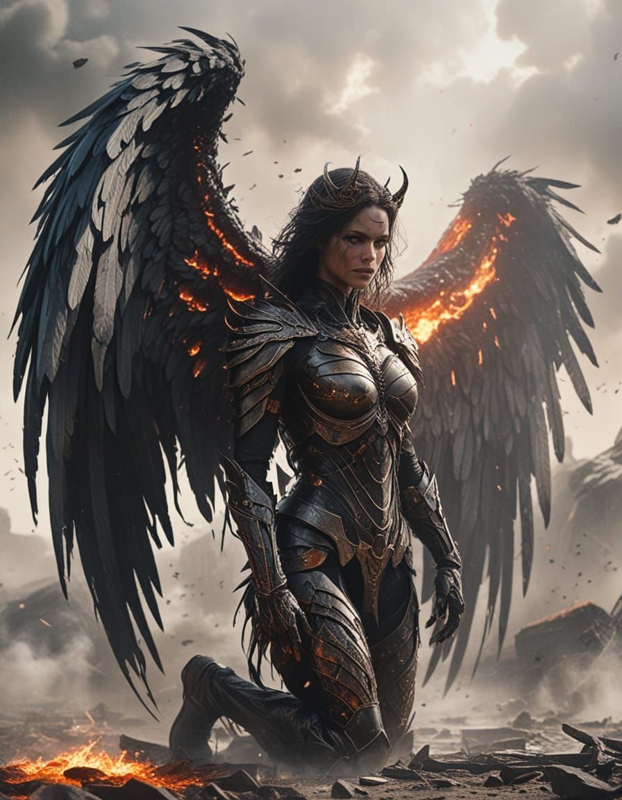 Fallen Angel Kneeling in Desolate Battlefield