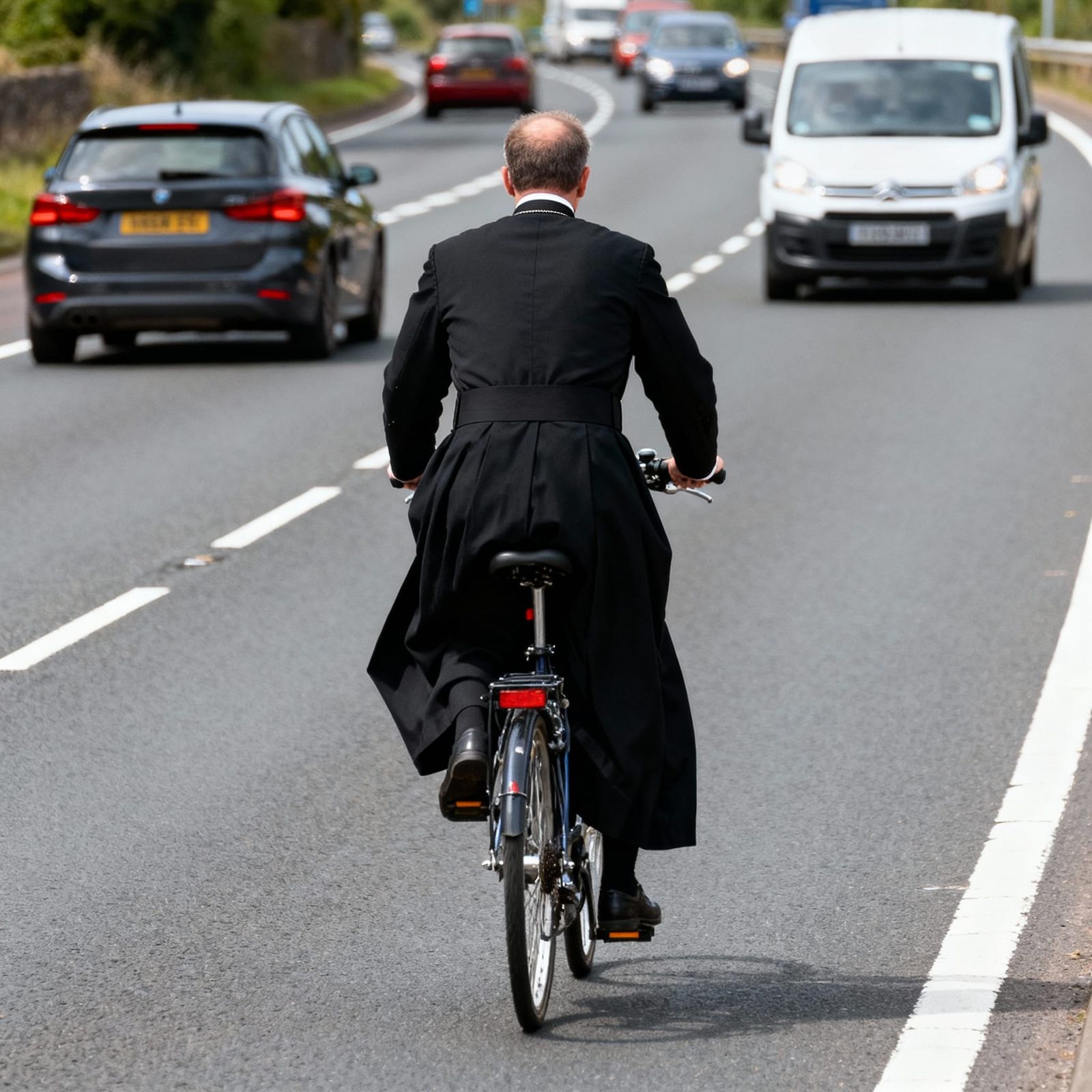 Vicar Rides Bicycle Against Traffic on Dual Carriageway