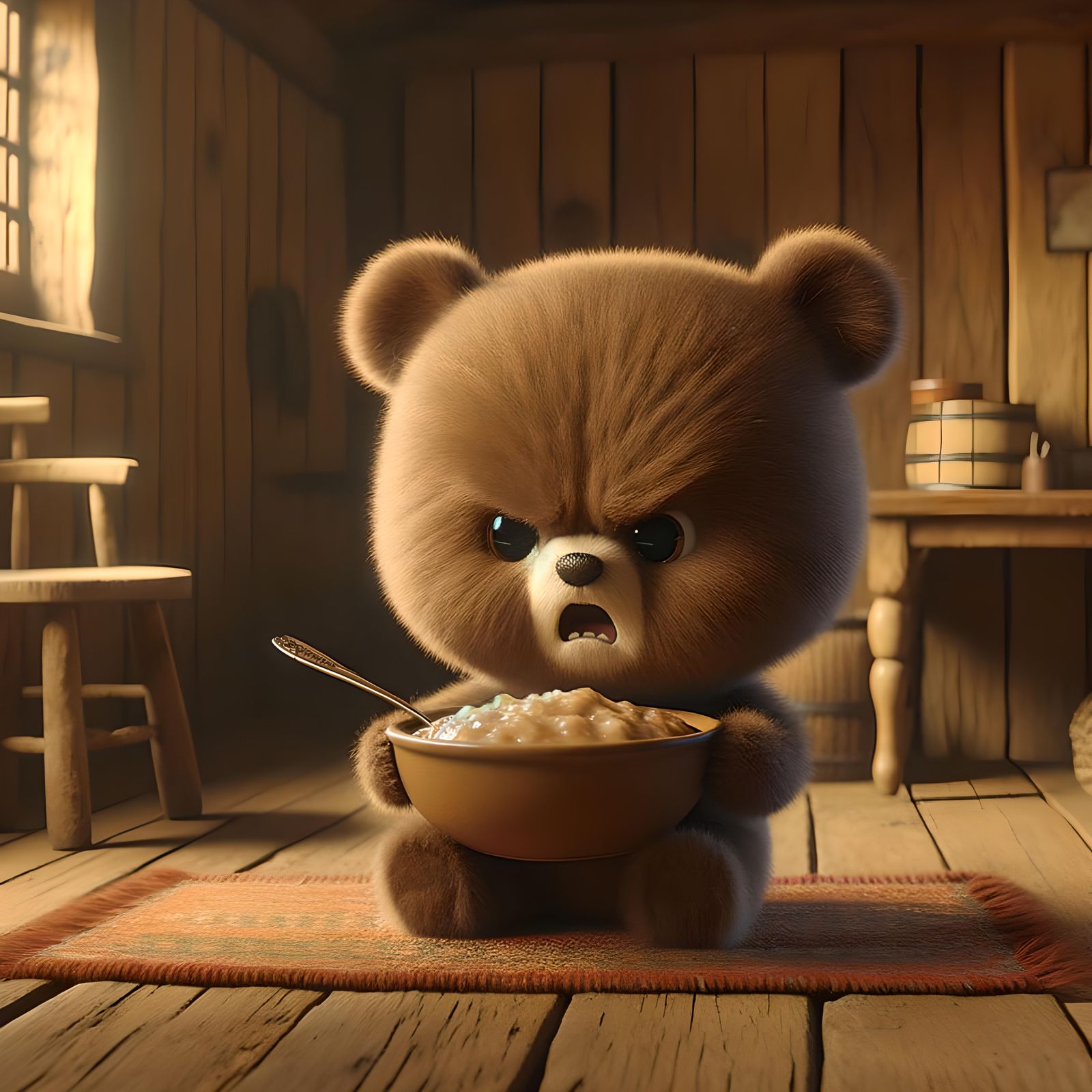 Enraged Baby Bear with Hot Porridge in Cottage
