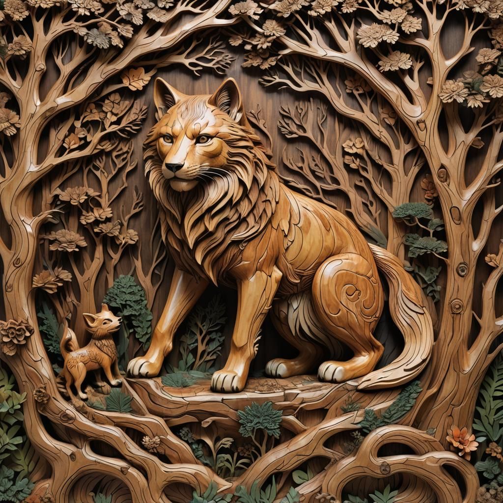 Intricate Wooden Kitsune Carving in Forest Setting