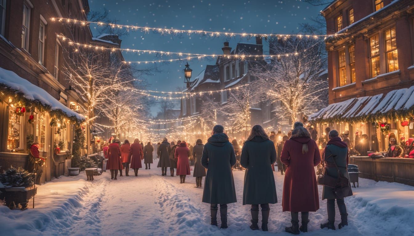 Christmas Carol Singers in Town Square under Snowy Winter Li...