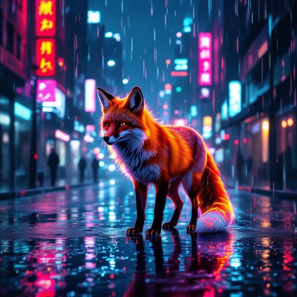 Neon Fox in Rainy Cyberpunk Cityscape
