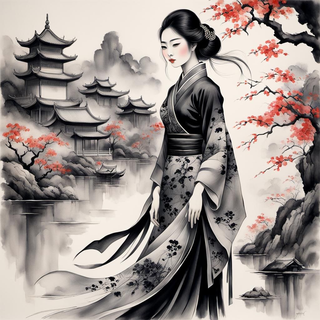 Elegant Woman in Chinese Ink Painting Style