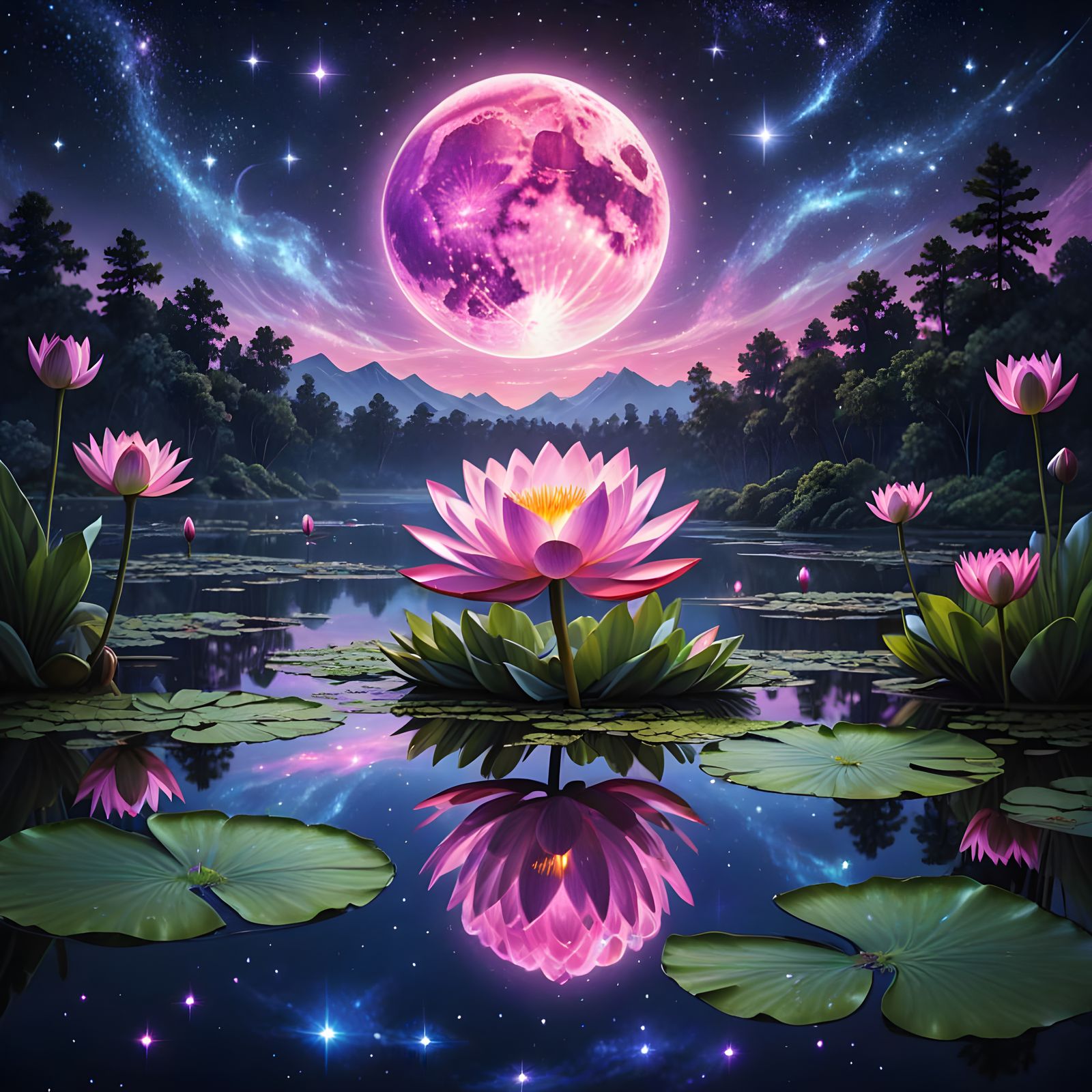 Ethereal Fantasy Water Lily Landscape in Cosmic Purple