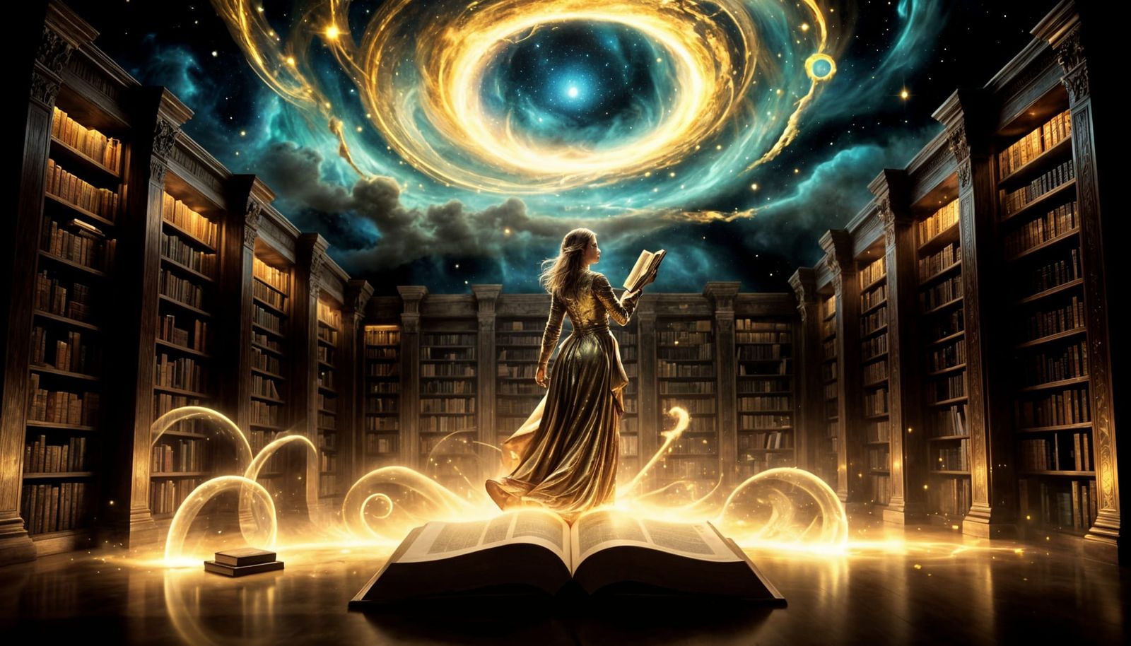 Celestial Library with Cosmic Librarian in Redon Style