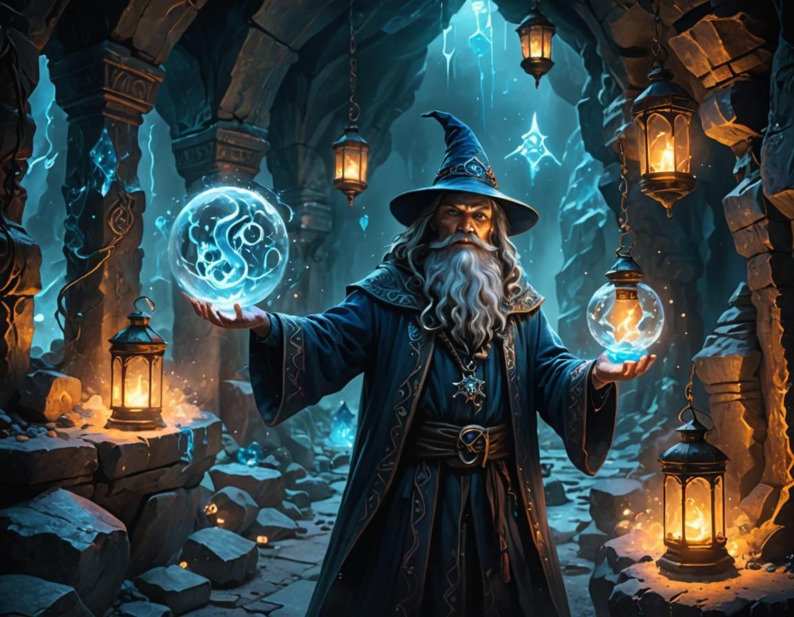 Wizard Casting Ice Spell in Alchemy Art Style
