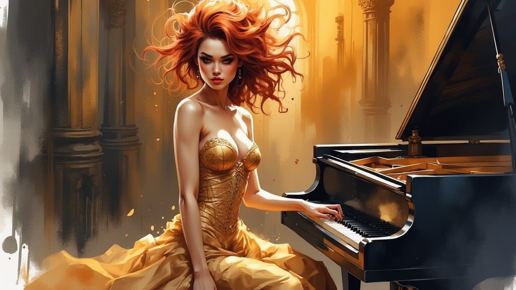 Woman Playing Piano in Jazz Club Watercolor