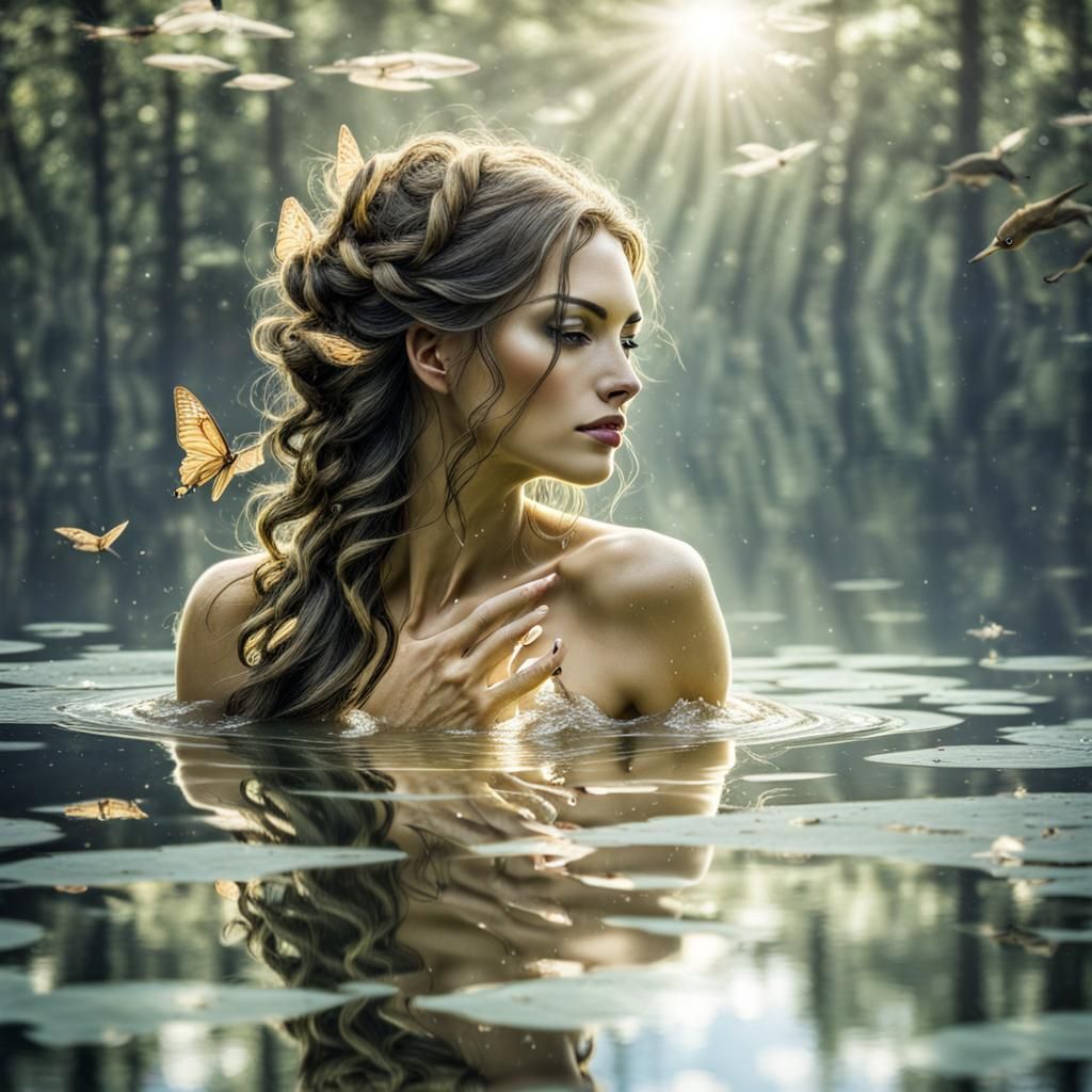 Reflection of a beautiful nymph in the water, atmospheric,detailed,
