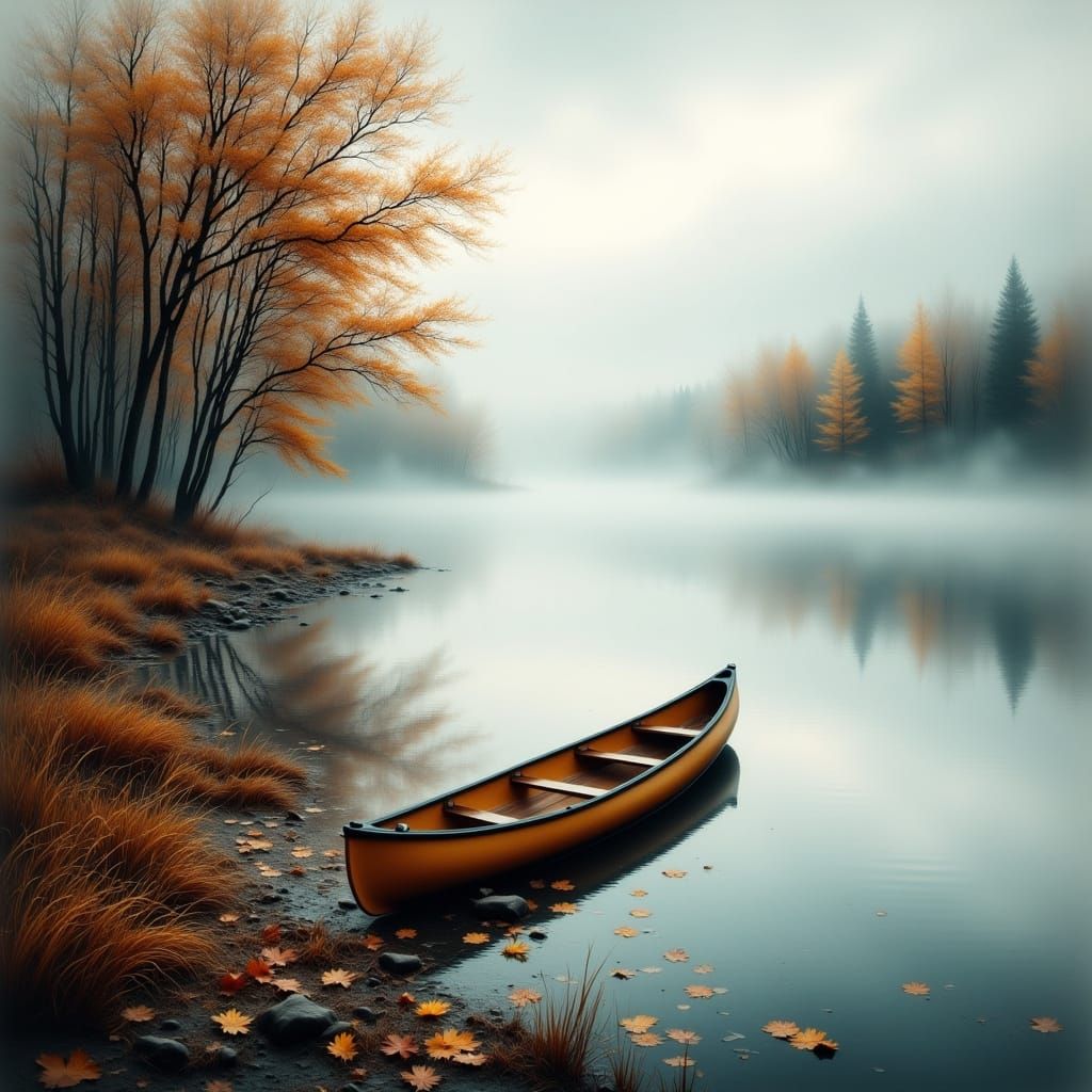 Misty Lake Morning Canoe in Antique Watercolor