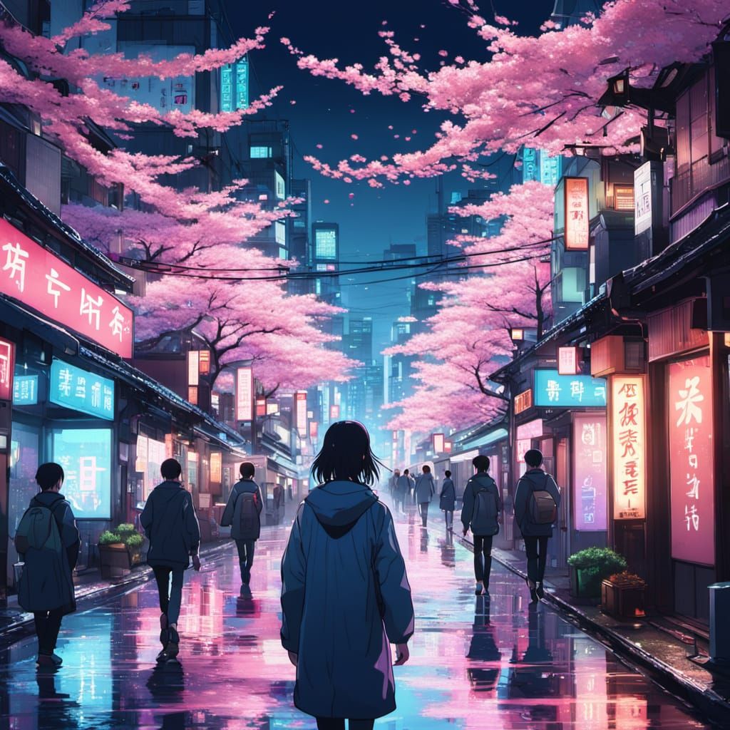 Anime-Style Person in Neon Tokyo with Sakura