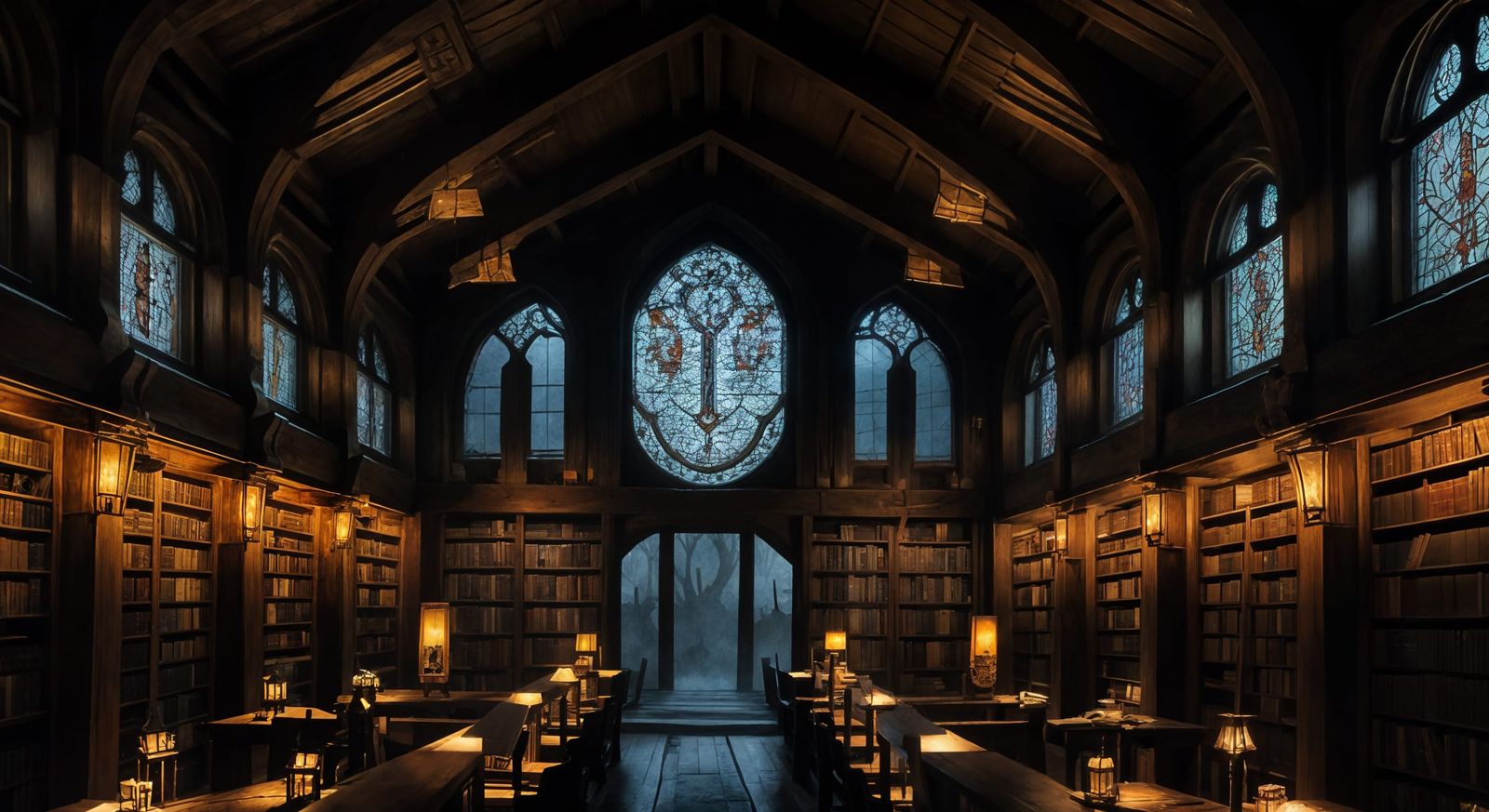 Library interior at midnight