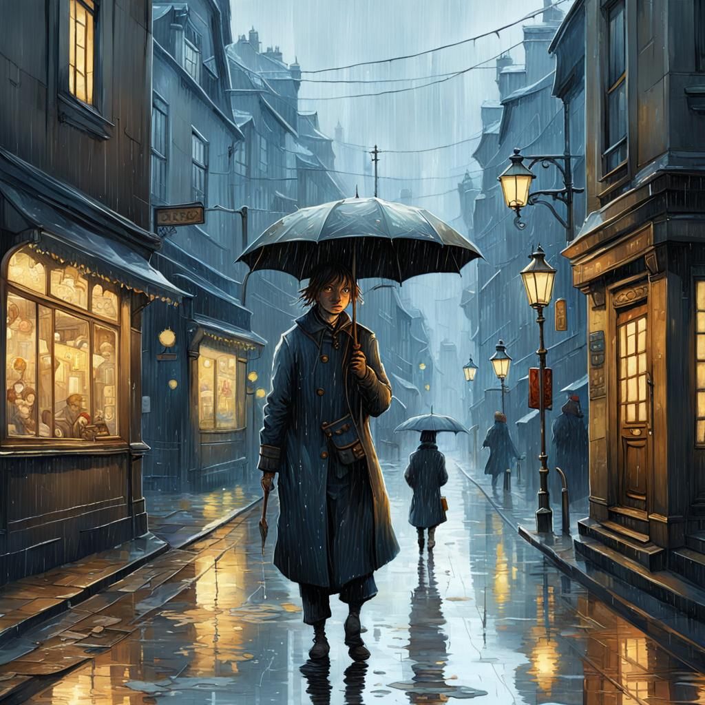 Charming Rainy Street Scene in Hyperrealism