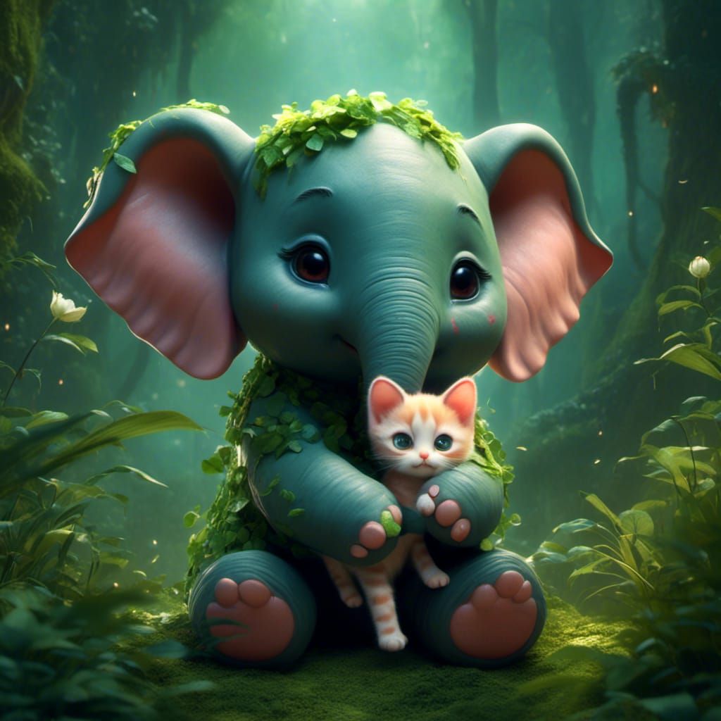 Chibi Elephant Hugs Kitten in Lush Forest