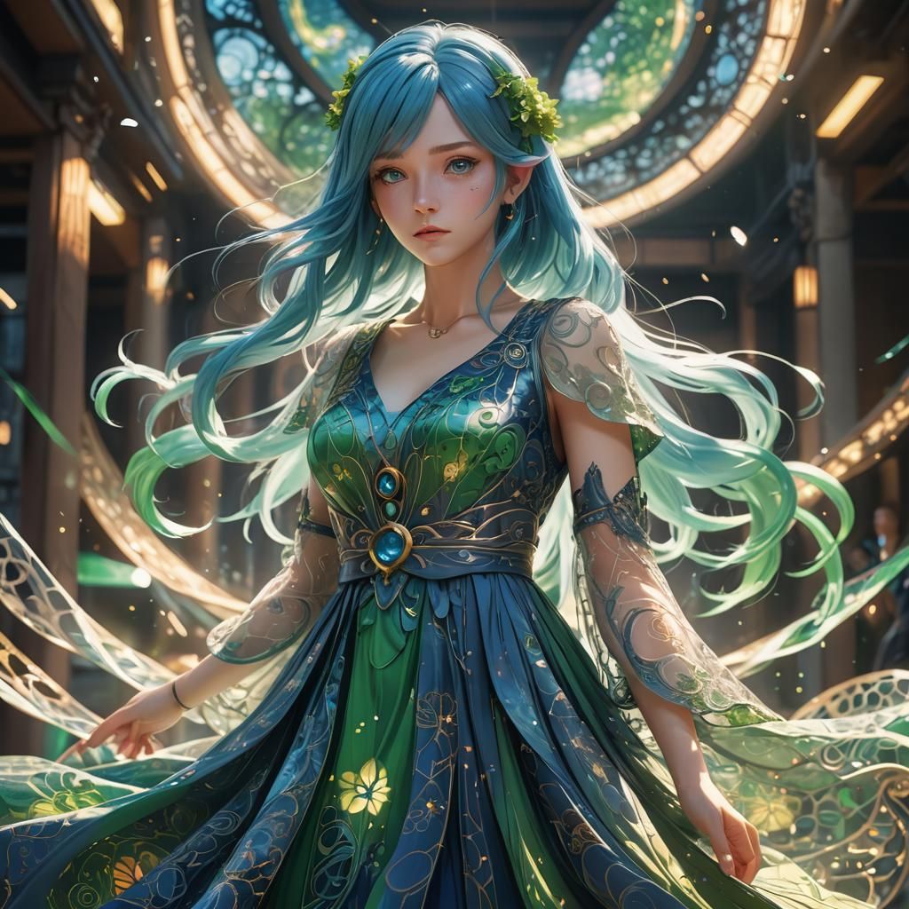 Anime Woman with Blue Hair, Digital Art