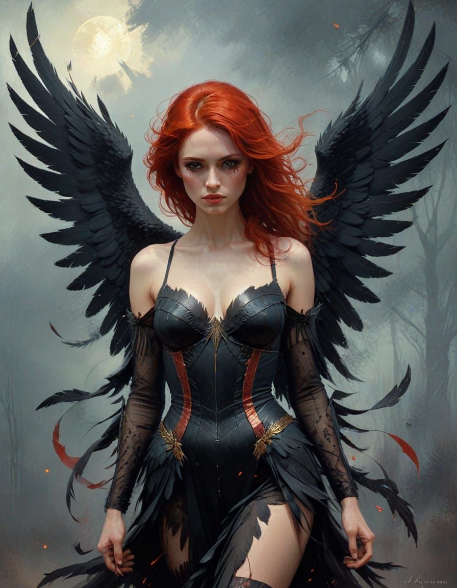 Rebellious Dark Angel with Red Hair, Impasto Style